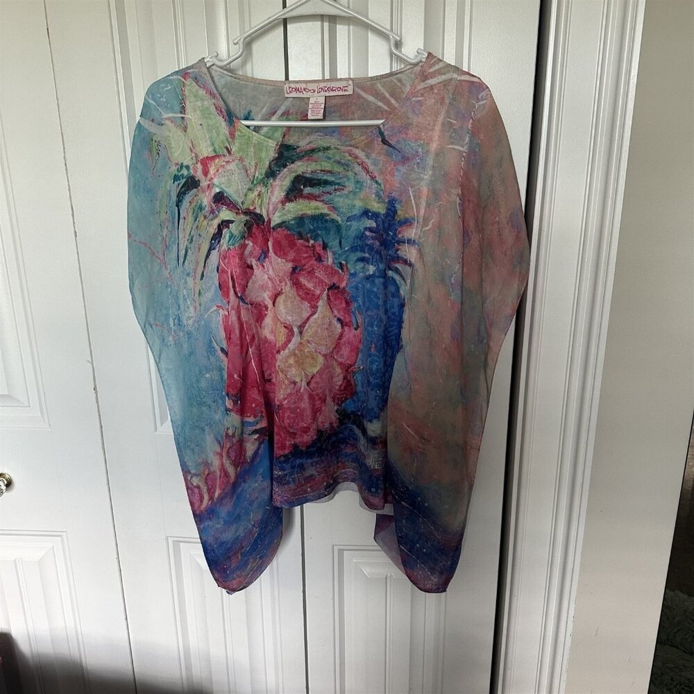 Leoma Lovegrove Top Womens Large Beachy Art To Wear Pineapple Pink Blue Flowy